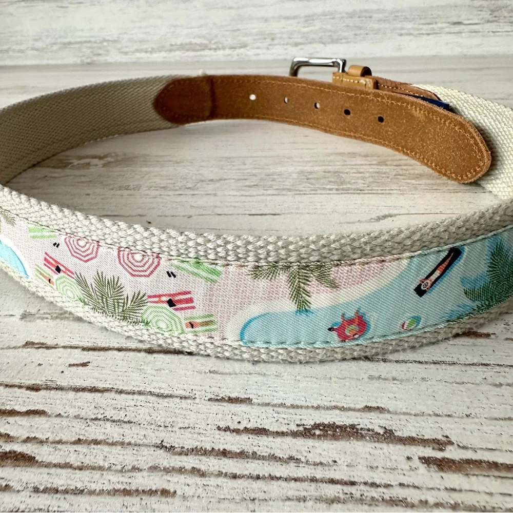 VINEYARD VINES Leather Silk Pool Scene Blue Crush Belt 30 Beach